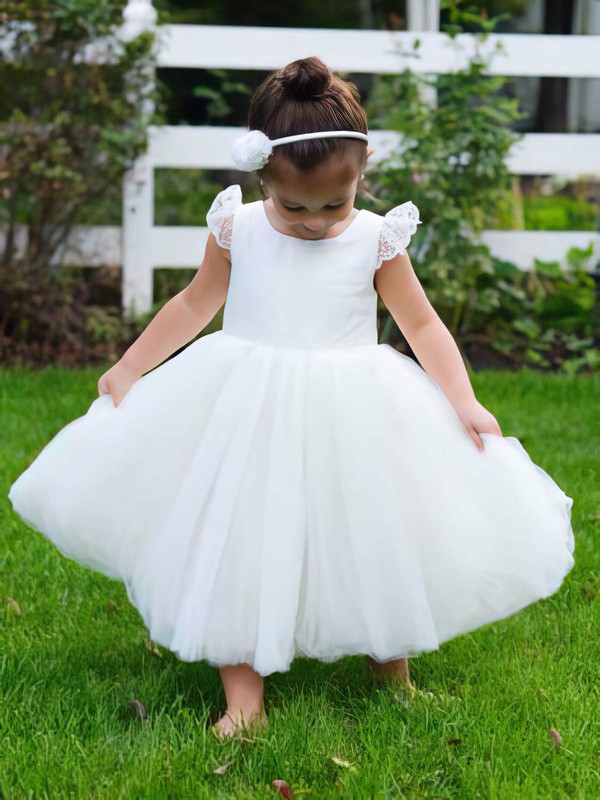Scoop Neck Ivory Tulle Lace Covered Button Ball Gown Flower Girl Dress #DOB01031795