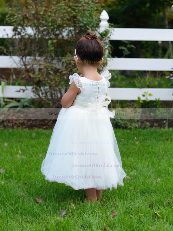 Scoop Neck Ivory Tulle Lace Covered Button Ball Gown Flower Girl Dress #DOB01031795