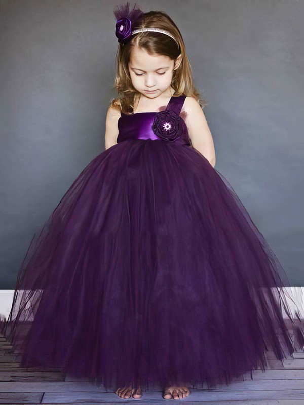 Best Square Neckline Flower(s) Purple Tulle Ball Gown Flower Girl Dresses #DOB01031803