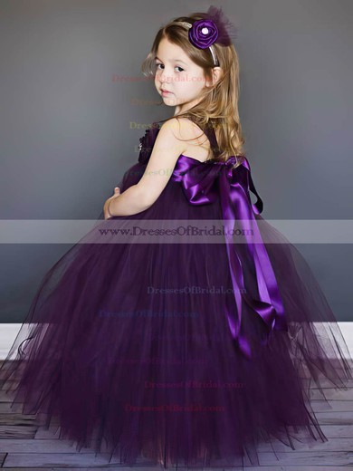 Best Square Neckline Flower(s) Purple Tulle Ball Gown Flower Girl Dresses #DOB01031803