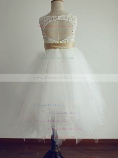 Tea-length Open Back Sashes/Ribbons Ivory Lace Tulle Flower Girl Dresses #DOB01031804