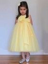 Elegant Square Neckline with Bow Tea-length Yellow Tulle Flower Girl Dresses #DOB01031805