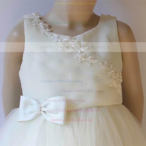 Tea-length Scoop Neck Appliques Lace Ivory Satin Tulle Affordable Flower Girl Dress #DOB01031807