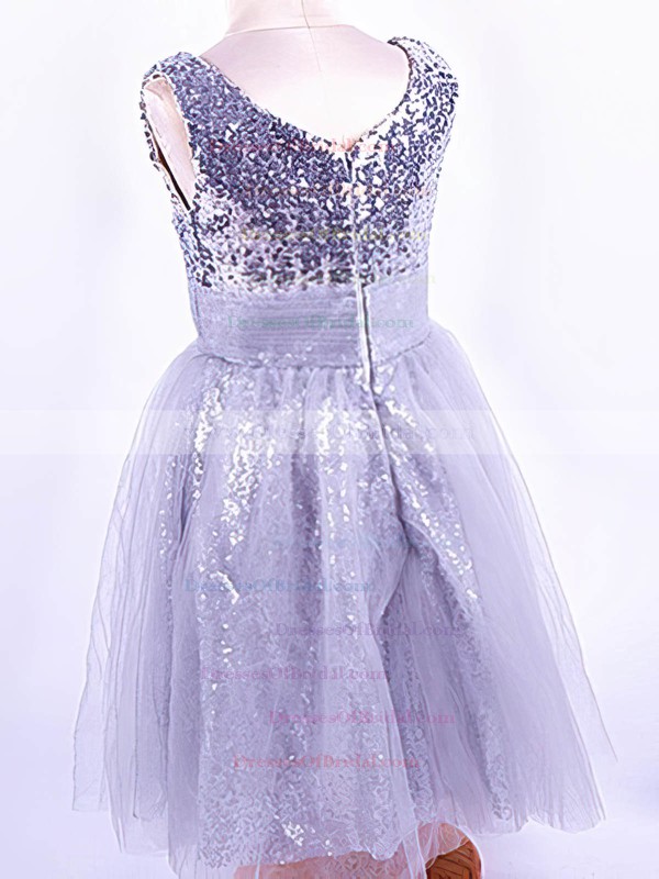 Latest V-neck Silver Tulle Sequined with Ruffles Ankle-length Flower Girl Dress #DOB01031821