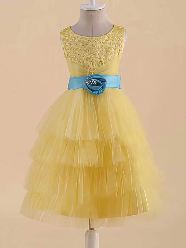 Yellow Satin Tulle Scoop Neck with Sashes/Ribbons A-line Flower Girl Dress #DOB01031822