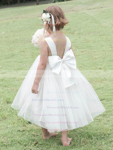 Square Neckline White Satin Tulle with Bow Top Ball Gown Flower Girl Dress #DOB01031825