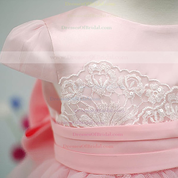 Cap Straps Pink Tulle Elastic Woven Satin Scoop Neck with Bow Ankle-length Flower Girl Dress #DOB01031826