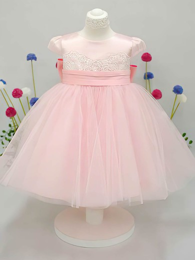Cap Straps Pink Tulle Elastic Woven Satin Scoop Neck with Bow Ankle-length Flower Girl Dress #DOB01031826