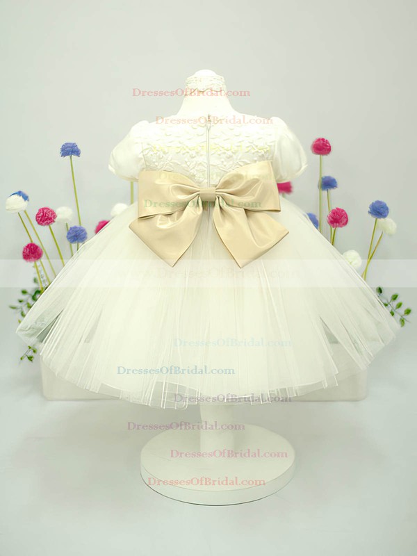 Ankle-length Scoop Neck Ivory Satin Tulle Bow Short Sleeve Flower Girl Dress #DOB01031828