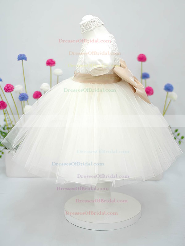 Ankle-length Scoop Neck Ivory Satin Tulle Bow Short Sleeve Flower Girl Dress #DOB01031828