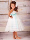 Scoop Neck Ball Gown Tea-length Tulle Elastic Woven Satin Sashes / Ribbons Flower Girl Dresses #DOB01031830