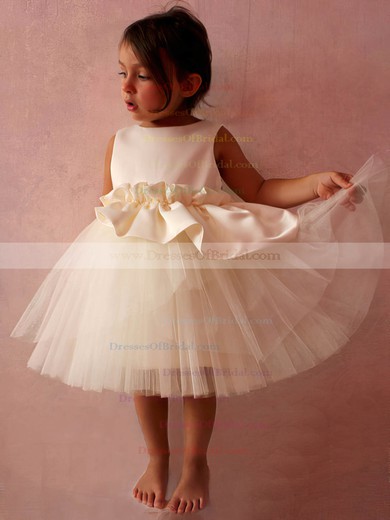 Ivory Satin Tulle with Ruffles Scoop Neck Tea-length Flower Girl Dress #DOB01031832