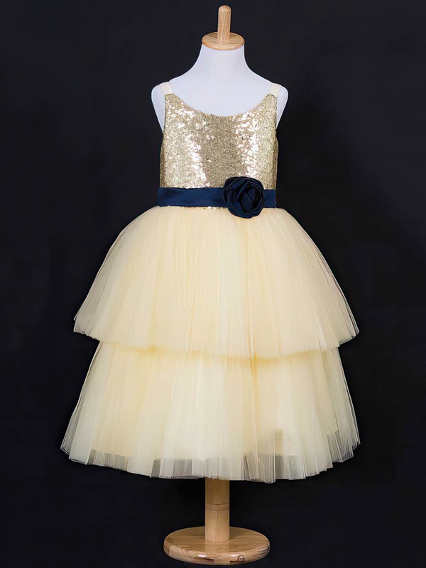 Ball Gown Tiered Light Yellow Tulle Sequined Scoop Neck Flower Girl Dress #DOB01031837