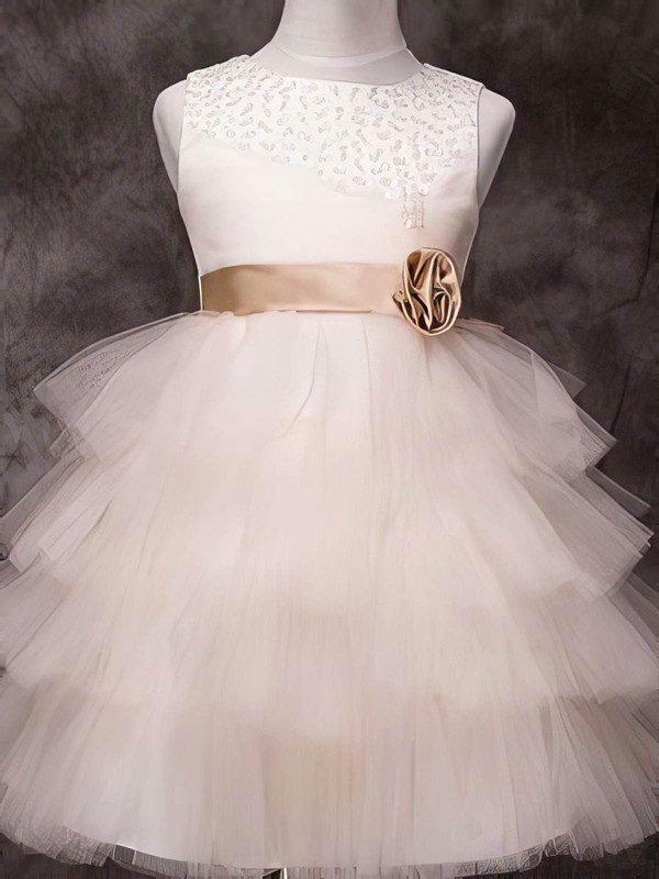 Knee-length Tulle Elastic Woven Satin Sashes/Ribbons Beautiful Ivory Flower Girl Dress #DOB01031840