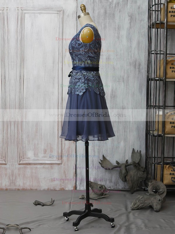Custom Scoop Neck Short/Mini Lace Chiffon Sashes/Ribbons Gray Mother of the Bride Dress #DOB01021570