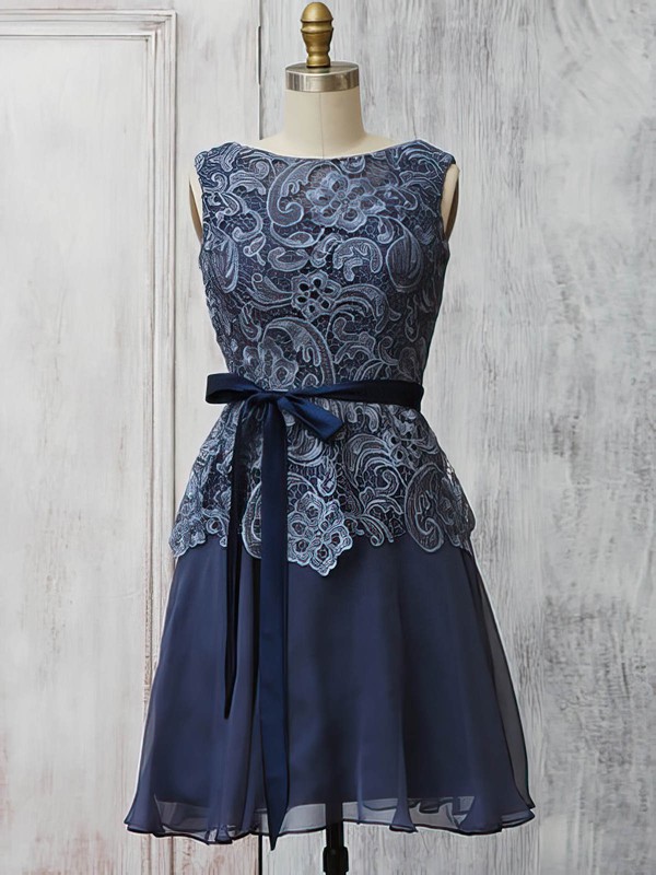 Custom Scoop Neck Short/Mini Lace Chiffon Sashes/Ribbons Gray Mother of the Bride Dress #DOB01021570
