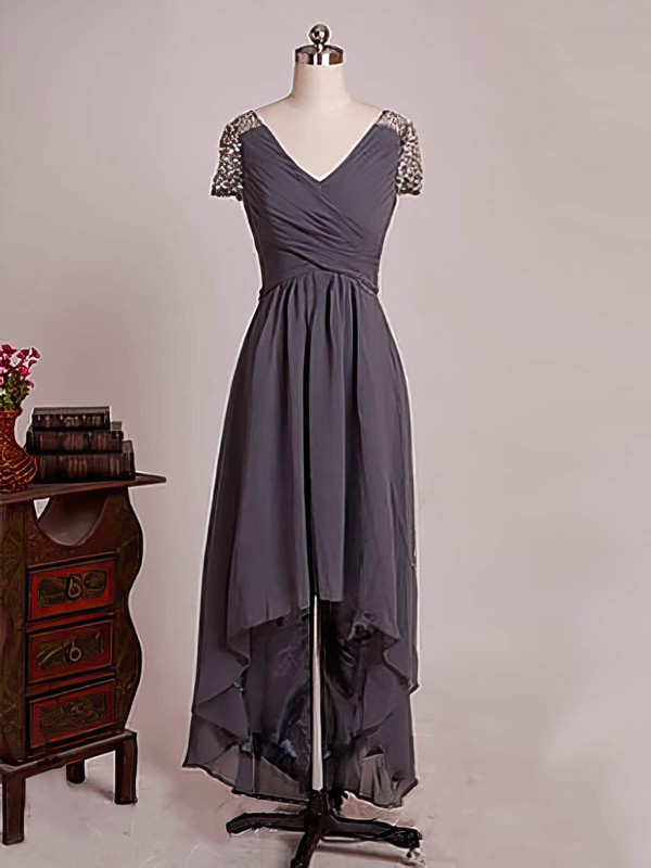 Short Sleeve High Low Chiffon with Ruffles A-line V-neck Mother of the Bride Dresses #DOB01021579