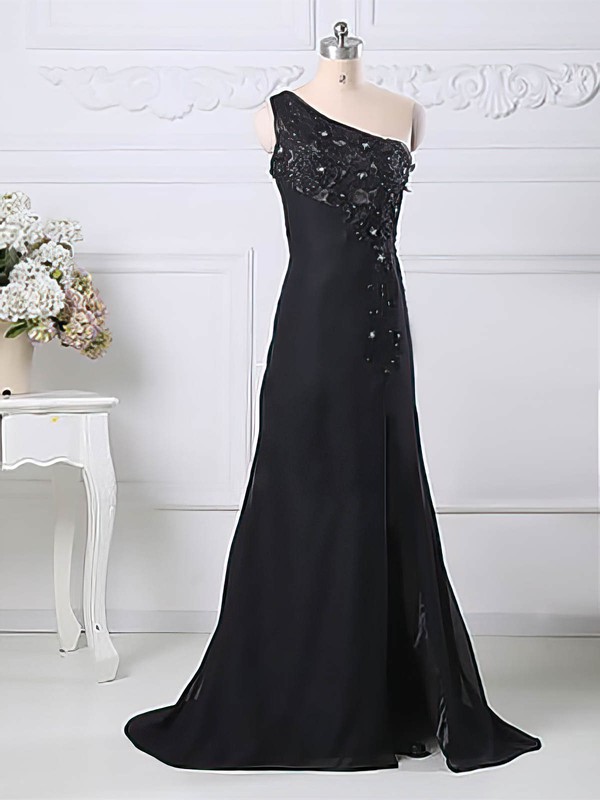 Black Split Front One Shoulder Chiffon Tulle Appliques Lace A-line Mother of the Bride Dress #DOB01021580