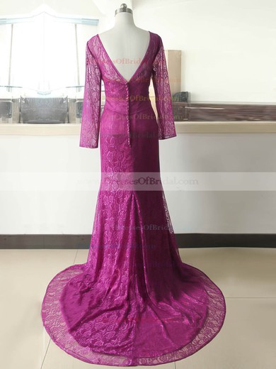 Long Sleeve Casual V-neck Lace Sequins Covered Buttons Sweep Train Mother of the Bride Dresses #DOB01021588