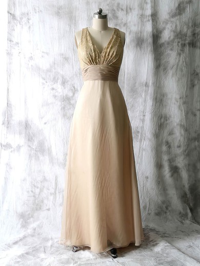 Ladies Champagne A-line Chiffon Lace Pleats V-neck Mother of the Bride Dress #DOB01021589