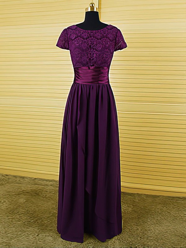 Purple Scoop Neck Chiffon Lace Ruffles Short Sleeve Floor-length Mother of the Bride Dress #DOB01021594