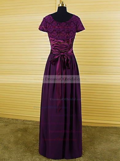 Purple Scoop Neck Chiffon Lace Ruffles Short Sleeve Floor-length Mother of the Bride Dress #DOB01021594