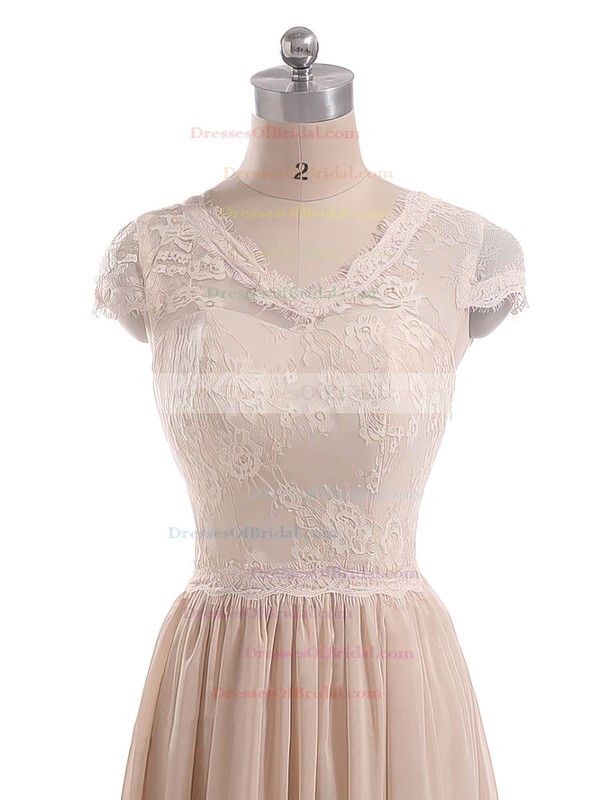 Short Sleeve V-neck Champagne Lace Chiffon with Bow Sweep Train Mother of the Bride Dresses #DOB01021599