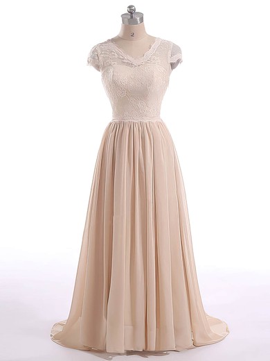 Short Sleeve V-neck Champagne Lace Chiffon with Bow Sweep Train Mother of the Bride Dresses #DOB01021599