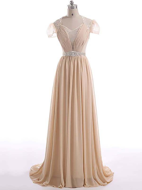 Champagne Sweetheart Lace Chiffon with Sashes/Ribbons Short Sleeve Floor-length Mother of the Bride Dress #DOB01021600