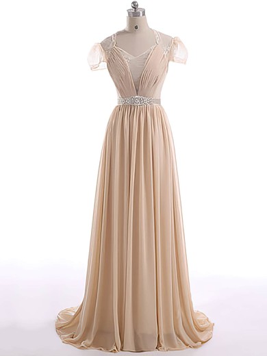 Champagne Sweetheart Lace Chiffon with Sashes/Ribbons Short Sleeve Floor-length Mother of the Bride Dress #DOB01021600