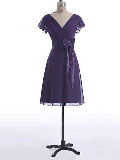 Different A-line Chiffon Bow V-neck Short Sleeve Mother of the Bride Dress #DOB01021601