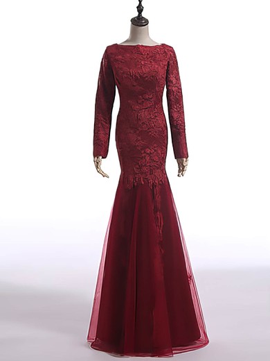 Discount Long Sleeve Scoop Neck Burgundy Lace Tulle Trumpet/Mermaid Mother of the Bride Dress #DOB01021603