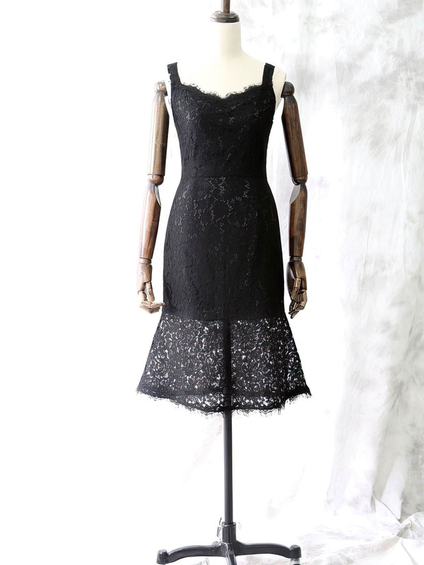 Simple Black Knee-length Lace with Straps Square Neckline Mother of the Bride Dresses #DOB01021614