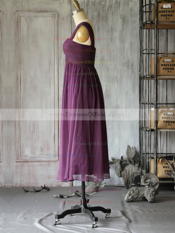 Tea-length Vintage Purple Chiffon with Ruffles Square Neckline Mother of the Bride Dresses #DOB01021617