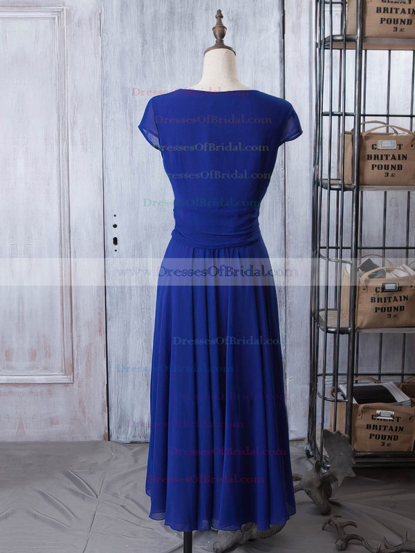 Short Sleeve Royal Blue Tea-length Chiffon with Ruffles V-neck Mother of the Bride Dresses #DOB01021618