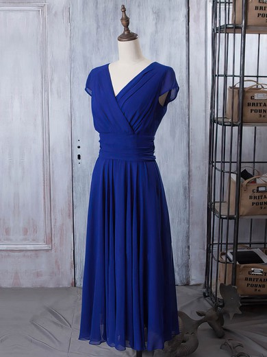 Short Sleeve Royal Blue Tea-length Chiffon with Ruffles V-neck Mother of the Bride Dresses #DOB01021618