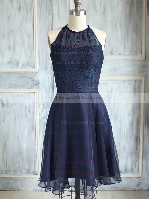 Best Scoop Neck Knee-length Dark Navy Chiffon Lace Bridesmaid Dress #DOB01012474