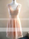 Knee-length Chiffon Sashes / Ribbons Lace V-neck Bridesmaid Dress #DOB01012478
