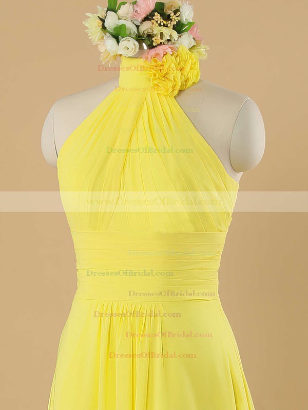 Sweep Train Pretty Yellow Chiffon Ruffles Halter Bridesmaid Dress #DOB01012482