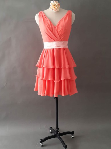 Custom V-neck Tiered Watermelon Chiffon Short/Mini Bridesmaid Dresses #DOB01012495