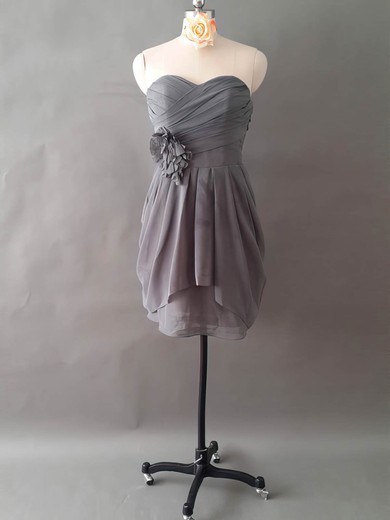 A-line Sweetheart Chiffon Ruffles and Flower(s) Short/Mini Cheap Bridesmaid Dresses #DOB01012497