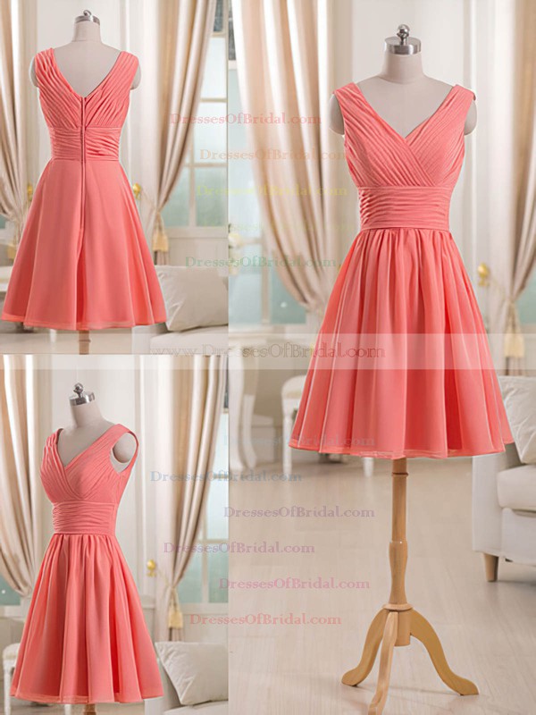 V-neck Short/Mini Watermelon Pleats Chiffon Elegant Bridesmaid Dress #DOB01012511