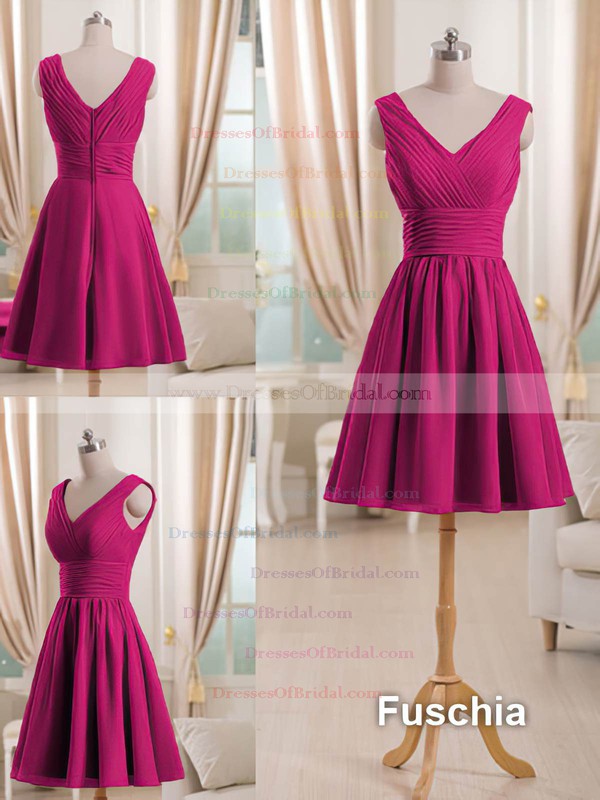 V-neck Short/Mini Watermelon Pleats Chiffon Elegant Bridesmaid Dress #DOB01012511