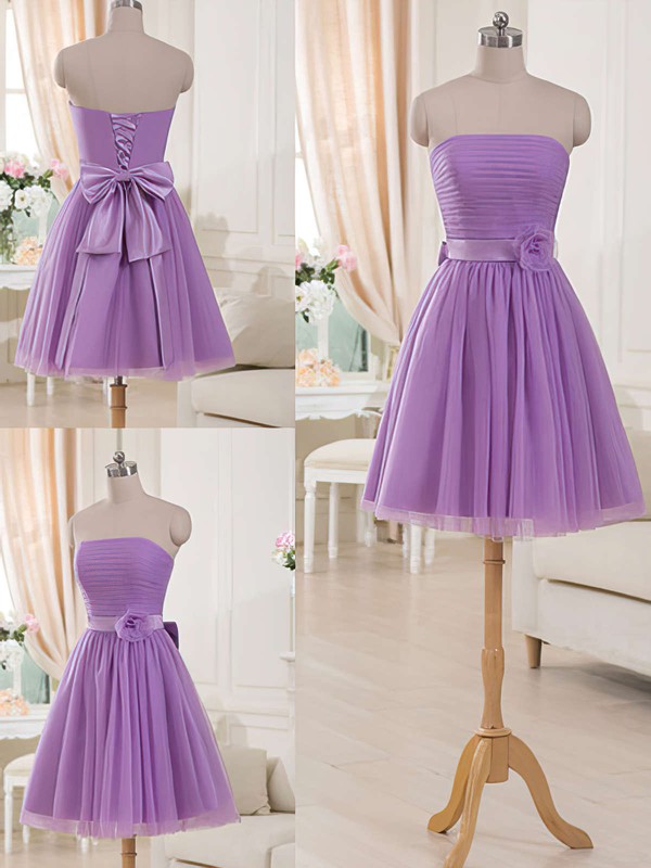 Cute Lilac Tulle Sashes/Ribbons Short/Mini Strapless Bridesmaid Dresses #DOB01012517