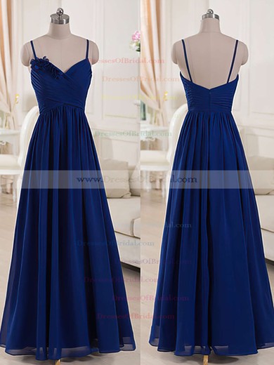 V-neck Royal Blue Chiffon Spaghetti Straps Ruffles Floor-length Bridesmaid Dresses #DOB01012518