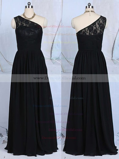 Floor-length Black Lace Ruffles Chiffon One Shoulder Bridesmaid Dresses #DOB01012520