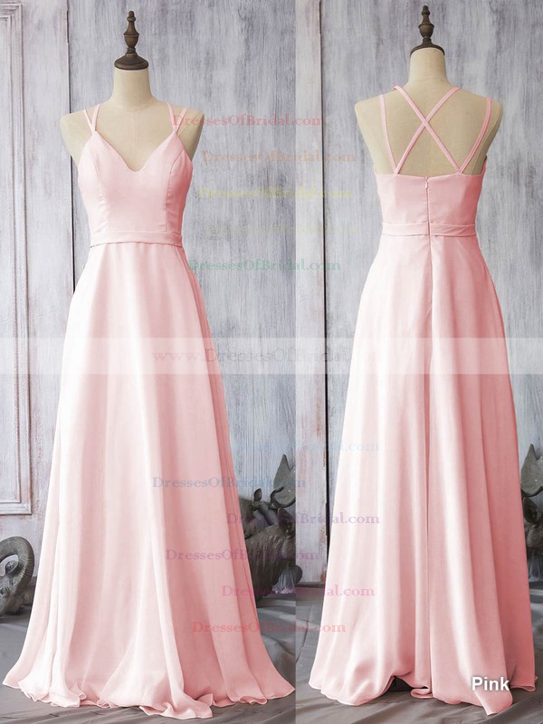 Pearl Pink Chiffon Spaghetti Straps Sheath/Column V-neck Bridesmaid Dress #DOB01012524