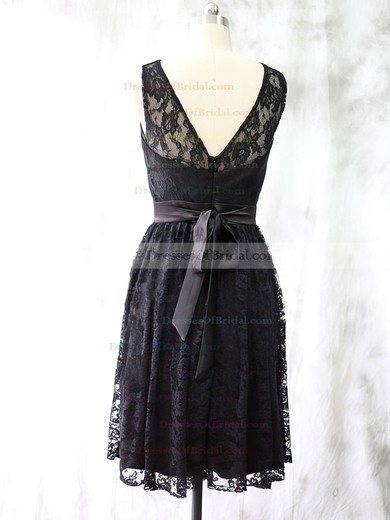 Ladies Black Lace Knee-length Sashes/Ribbons Scoop Neck Bridesmaid Dress #DOB01012527