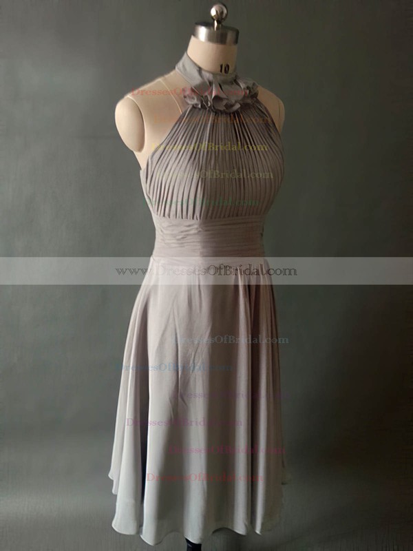 Halter Gray Chiffon with Pleats Knee-length For Cheap Bridesmaid Dresses #DOB01012531