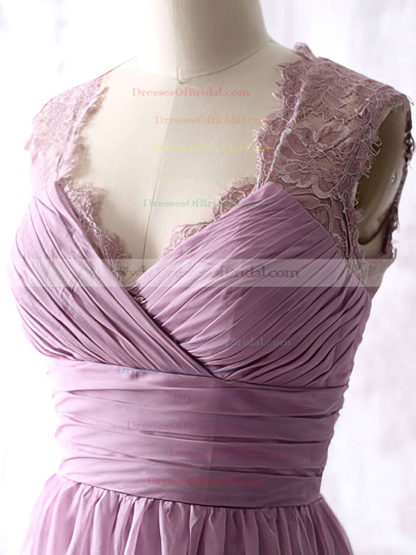 Pretty Open Back Purple Chiffon Lace V-neck Floor-length Bridesmaid Dresses #DOB01012534